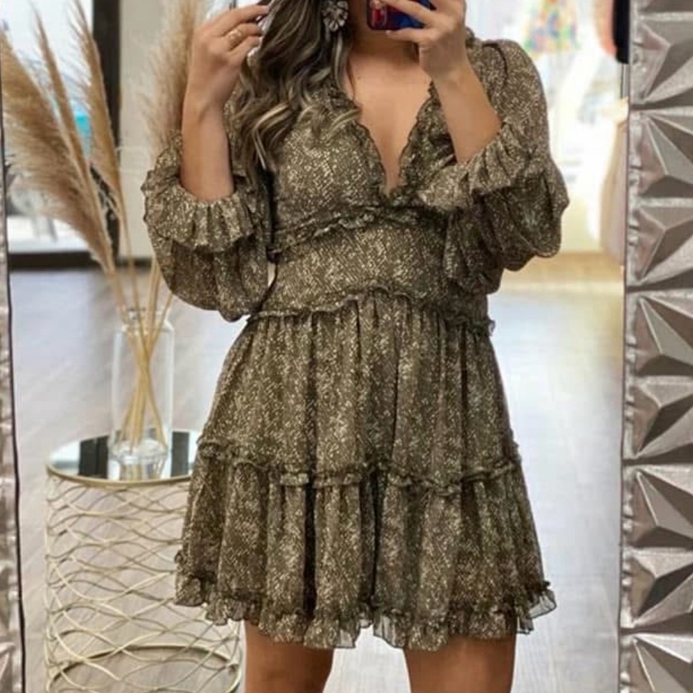 A226. Olive Green Ruffle Dress - Picture 2 of 3